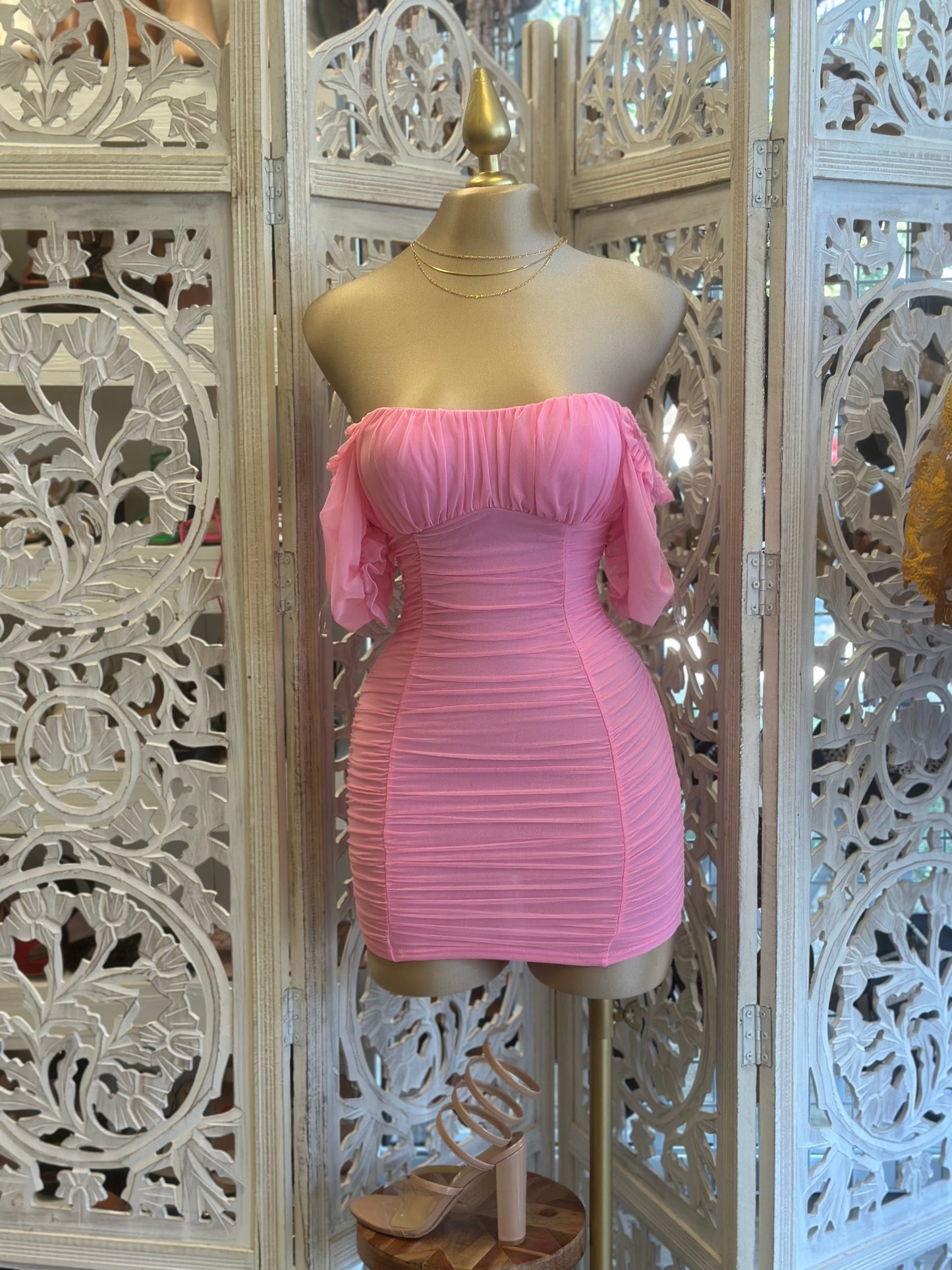 Mesh Sleeve Pink Mini Dress