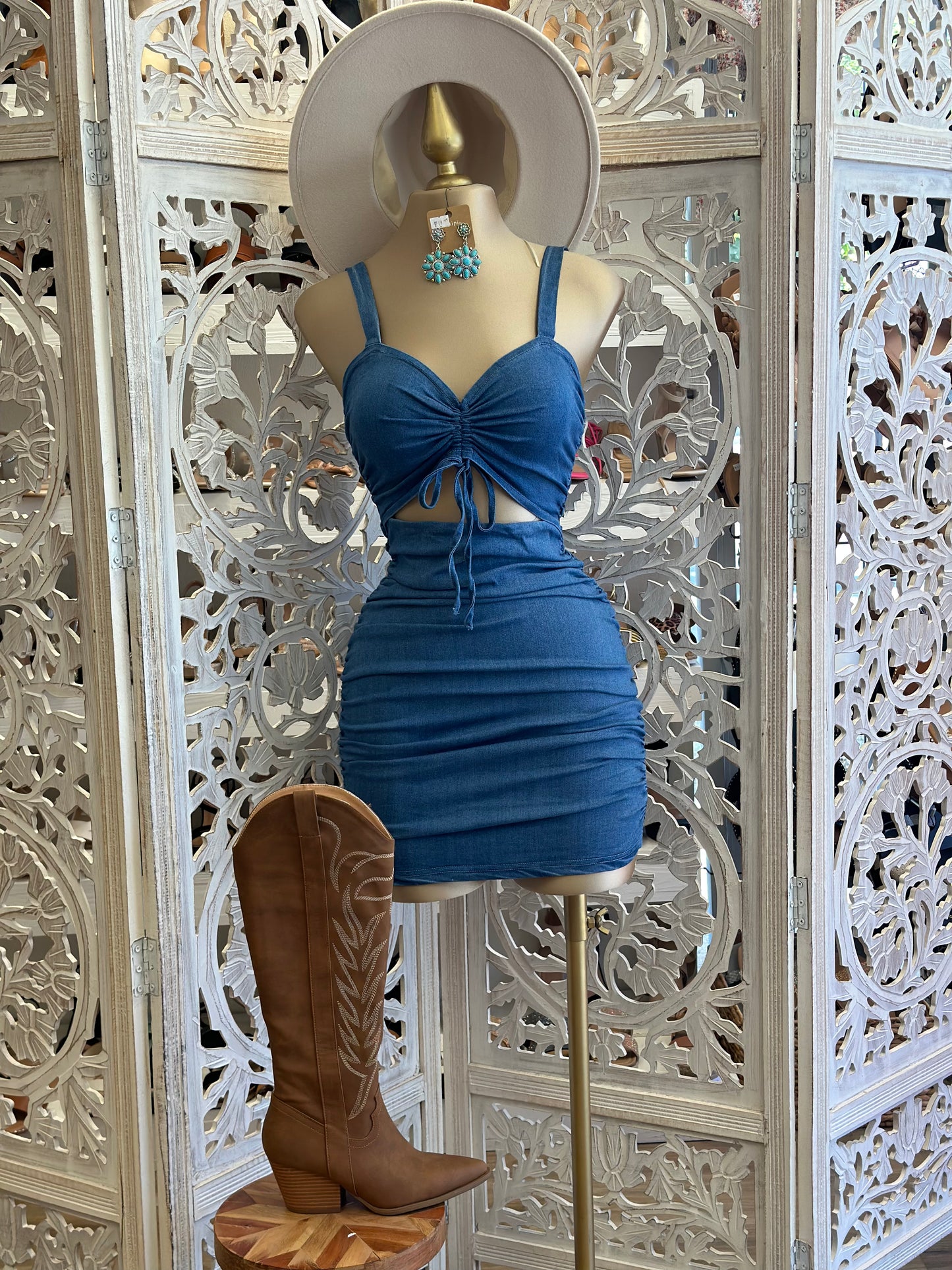 Denim Scrunched Cutout Dress