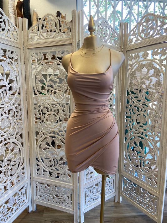 Beige Mini Cowl Dress