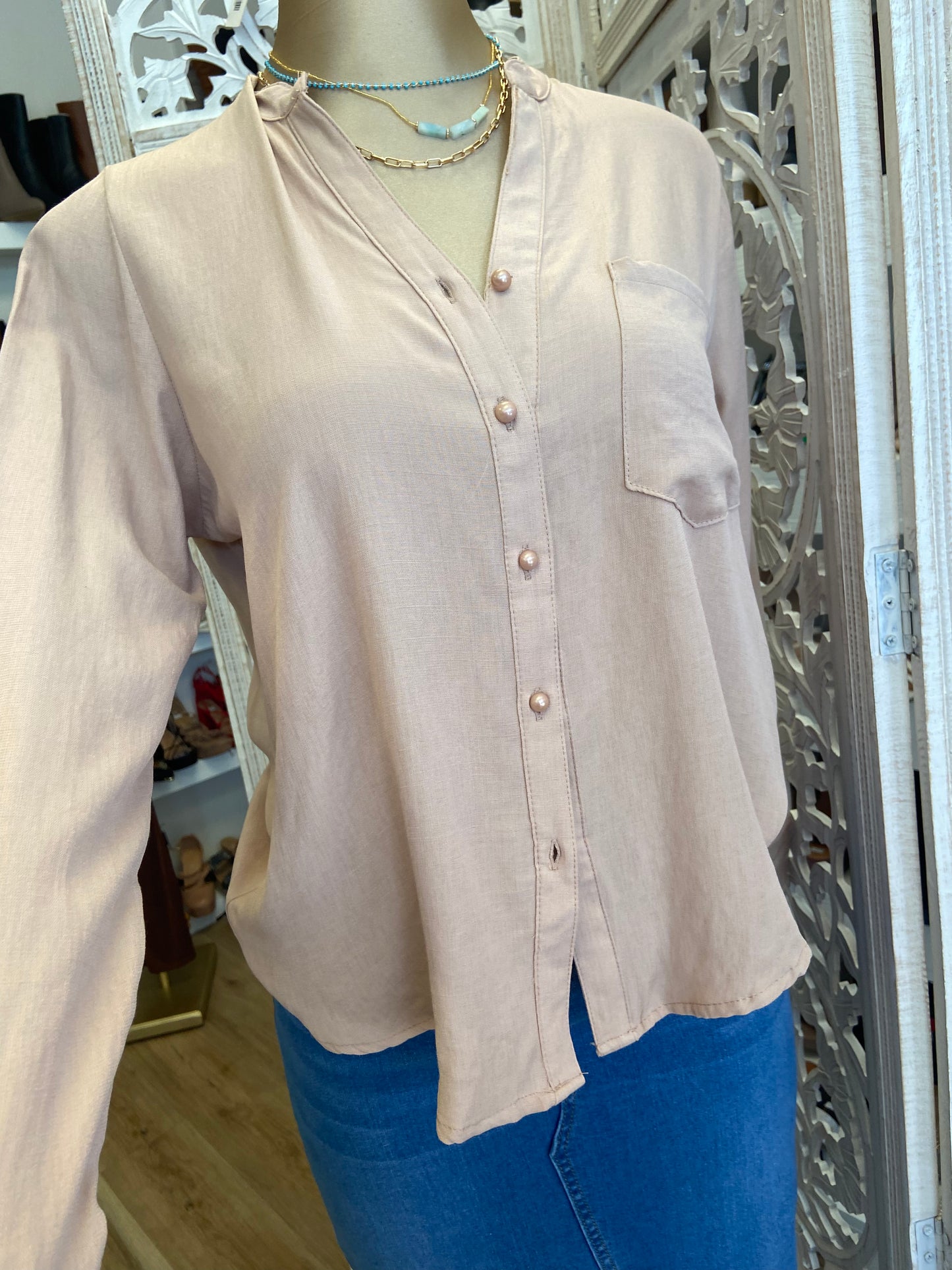 Beige Pearl Button Top