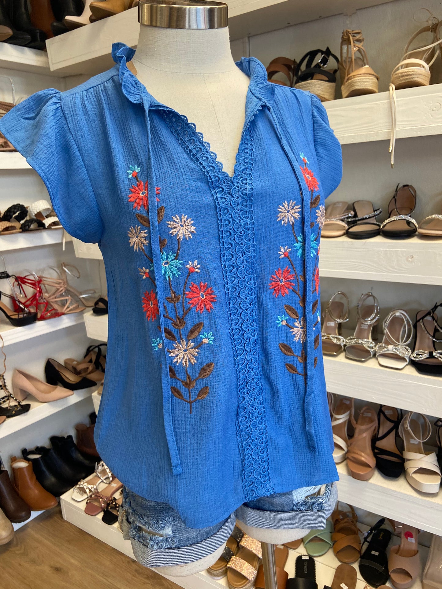 Lace Trim Blue Embroidered Blouse