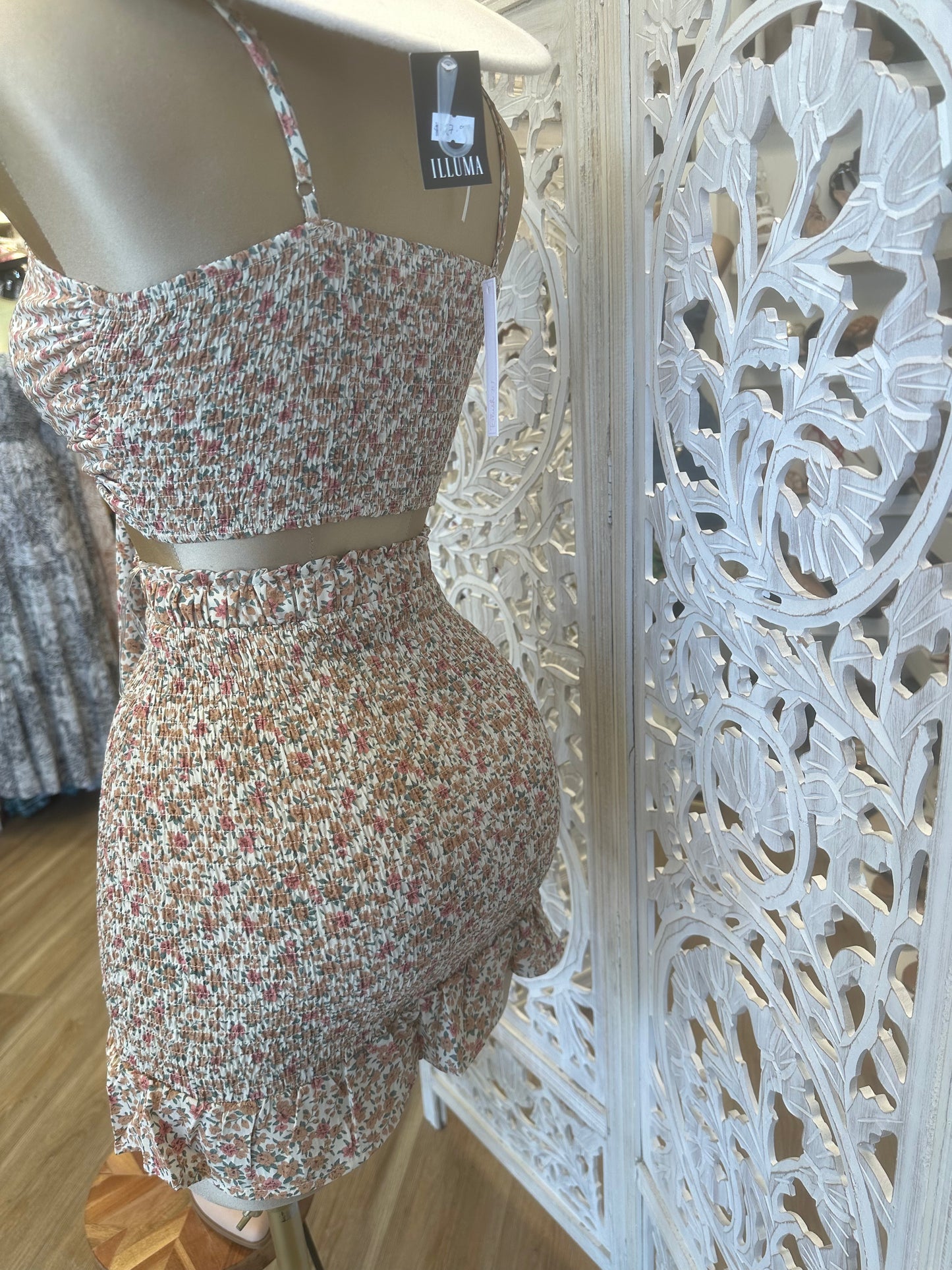 Ivory Floral Smocked Tie Front Set