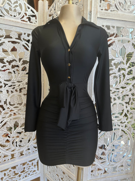 Black Button Tie Front Dress