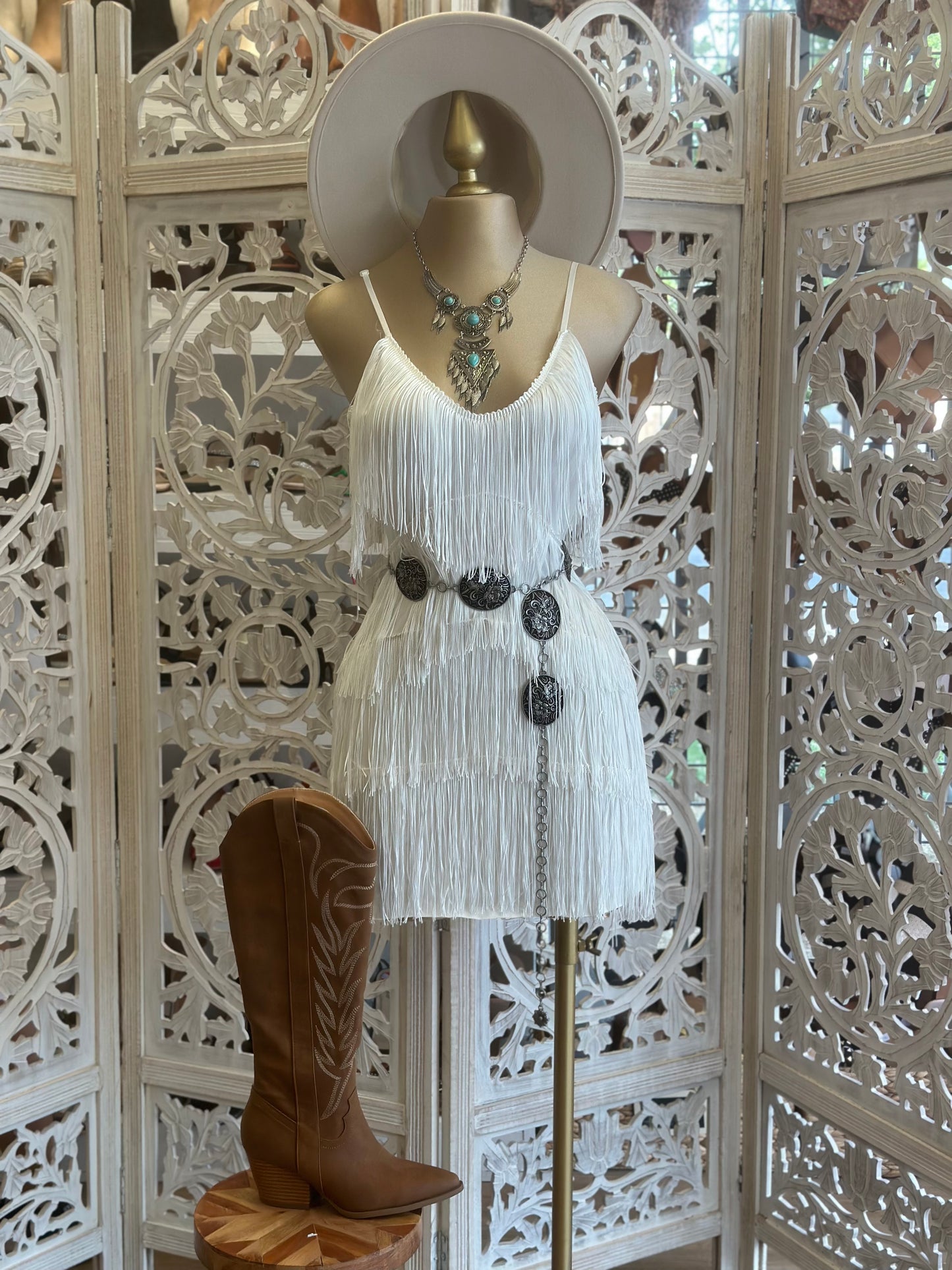 White Strappy Fringe Dress