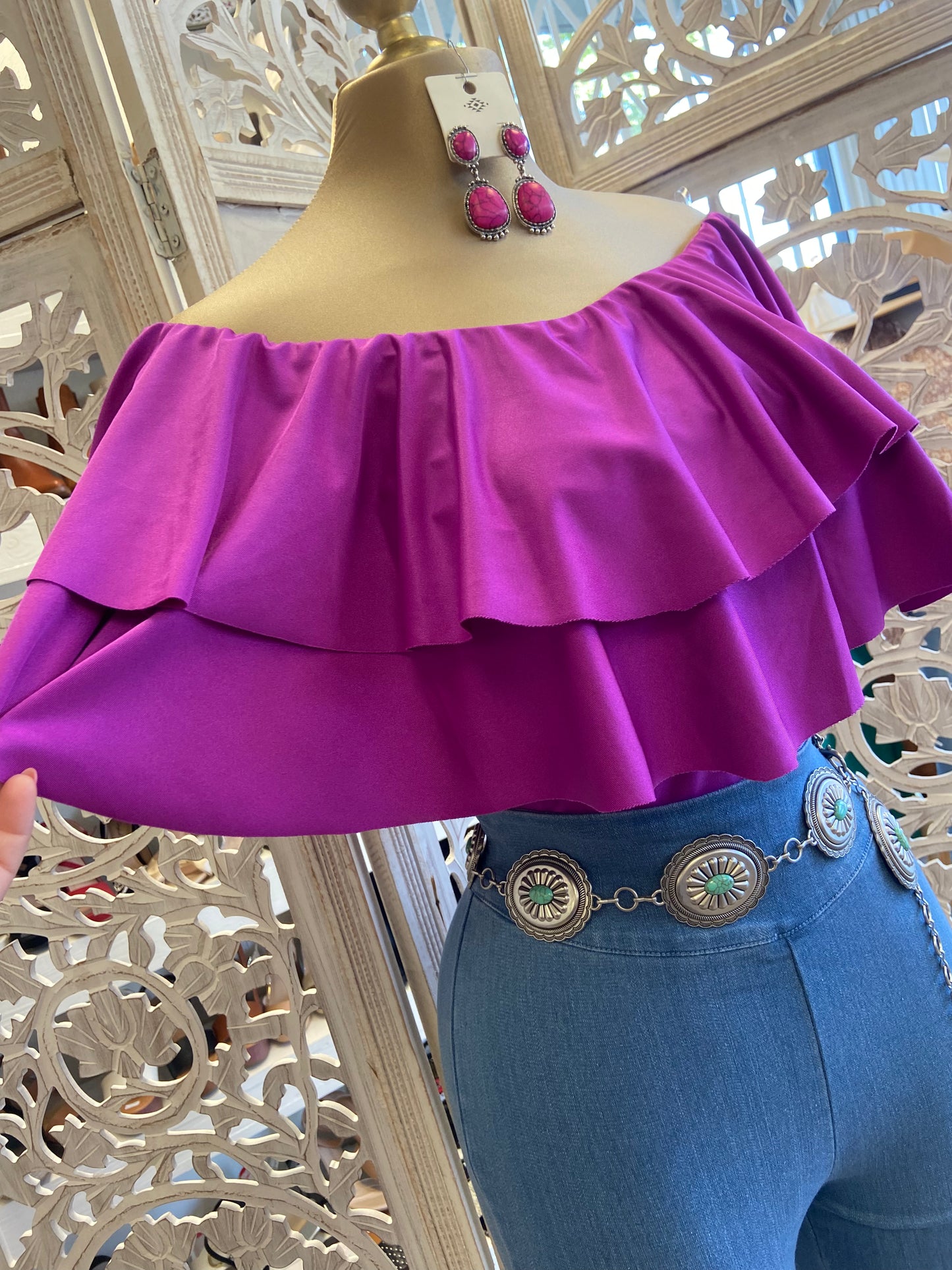Magenta Ruffled Off Shoulder Top