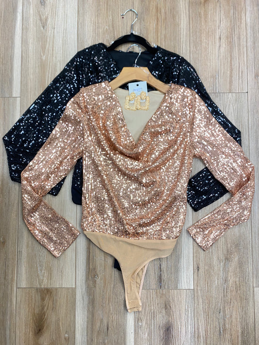 Sequin Cowl Neck Bodysuit