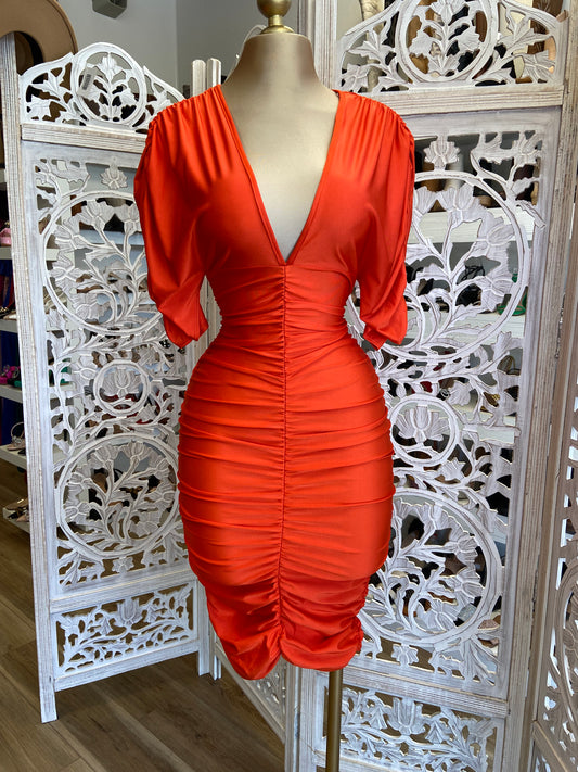 Orange Ruched V neck Dress