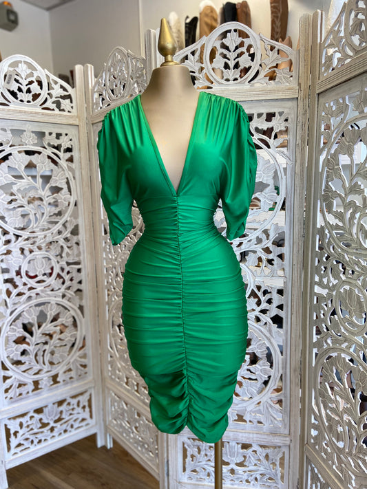 Green Ruched V neck Dress